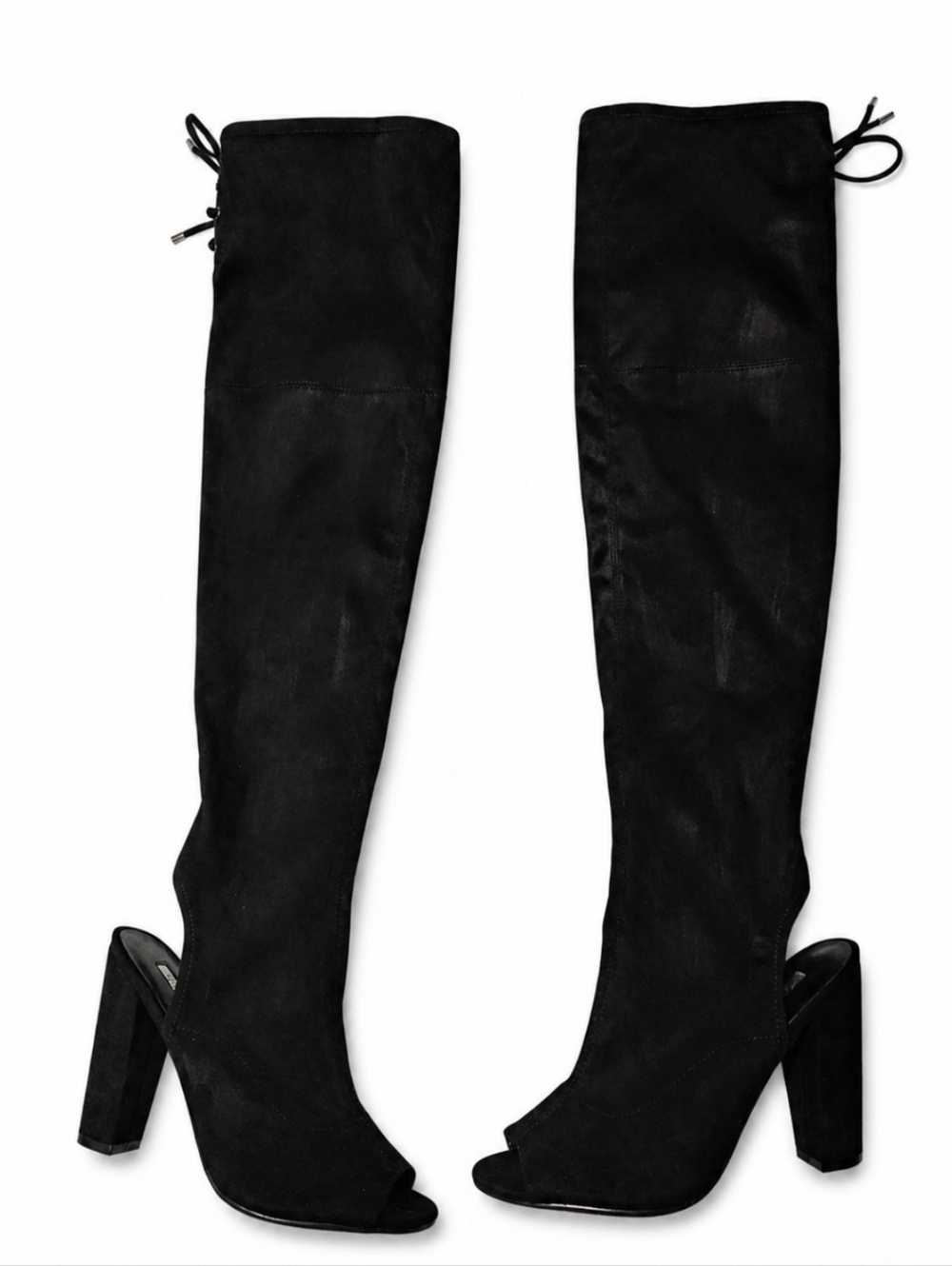 Guess Women's Sz 8 Boni Black Faux Suede Over-the-Knee Open-Toe Block Heel Boots